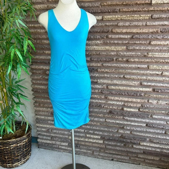 Velvet Turquoise Aqua Blue Scoop Neck BodyCon Ruched Side Tank Dress - Picture 8 of 8